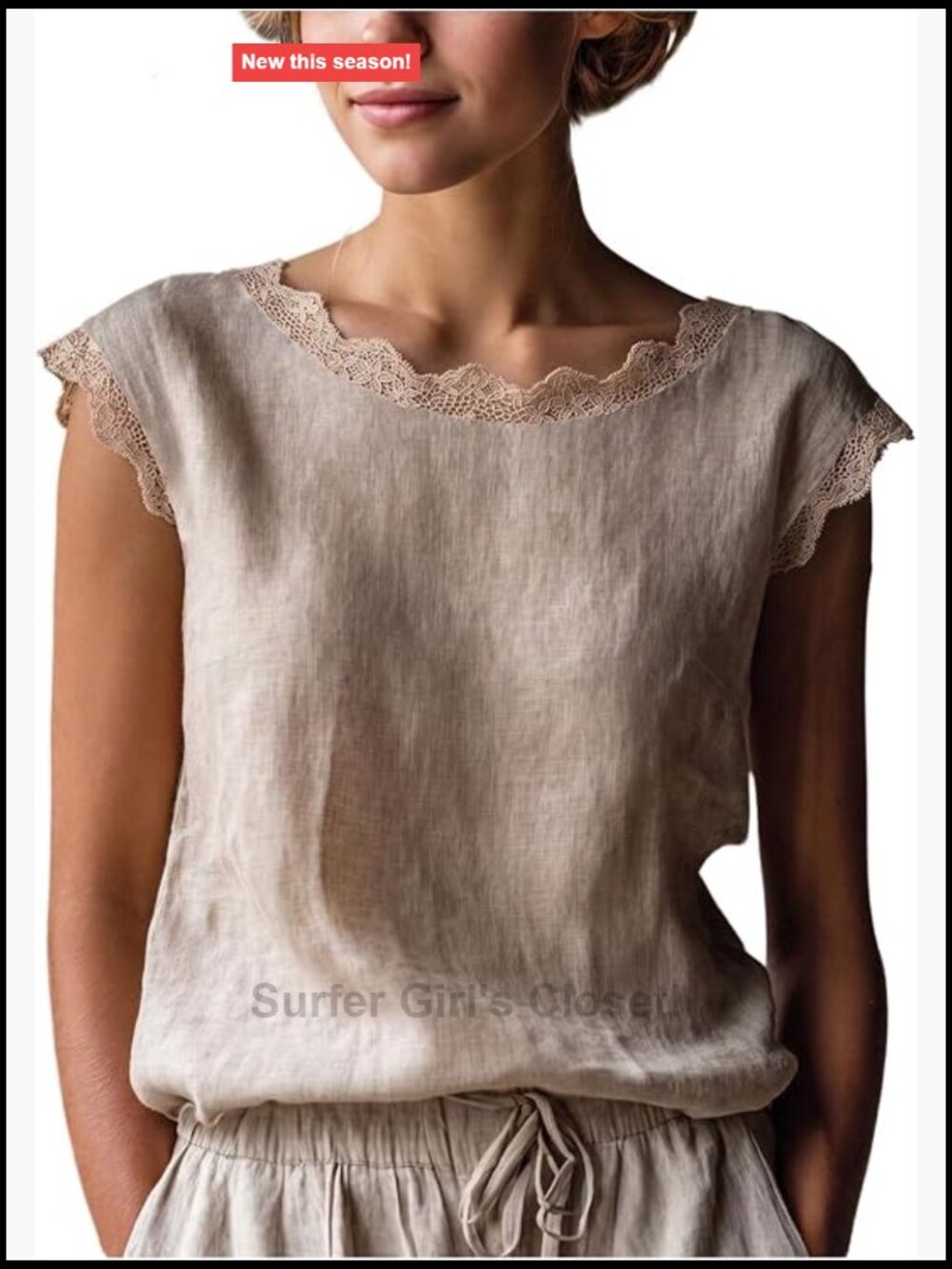 Women's Lace Trim Linen Blouse Crew Neck Cap Sleeve Tank Top
